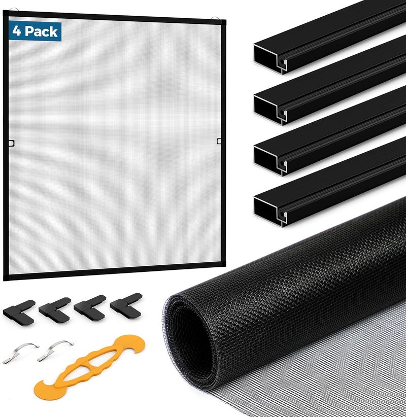augblinds 4 Sets Aluminum Window Screen Frame Kit, 5/16 in x 3/5 in x 46 Inch, Makes Four Complete Screen 46" x 46" or Smaller, Includes Premium Screen Mesh, Heavy Duty Corners & Durable Spline, Black - Image 1